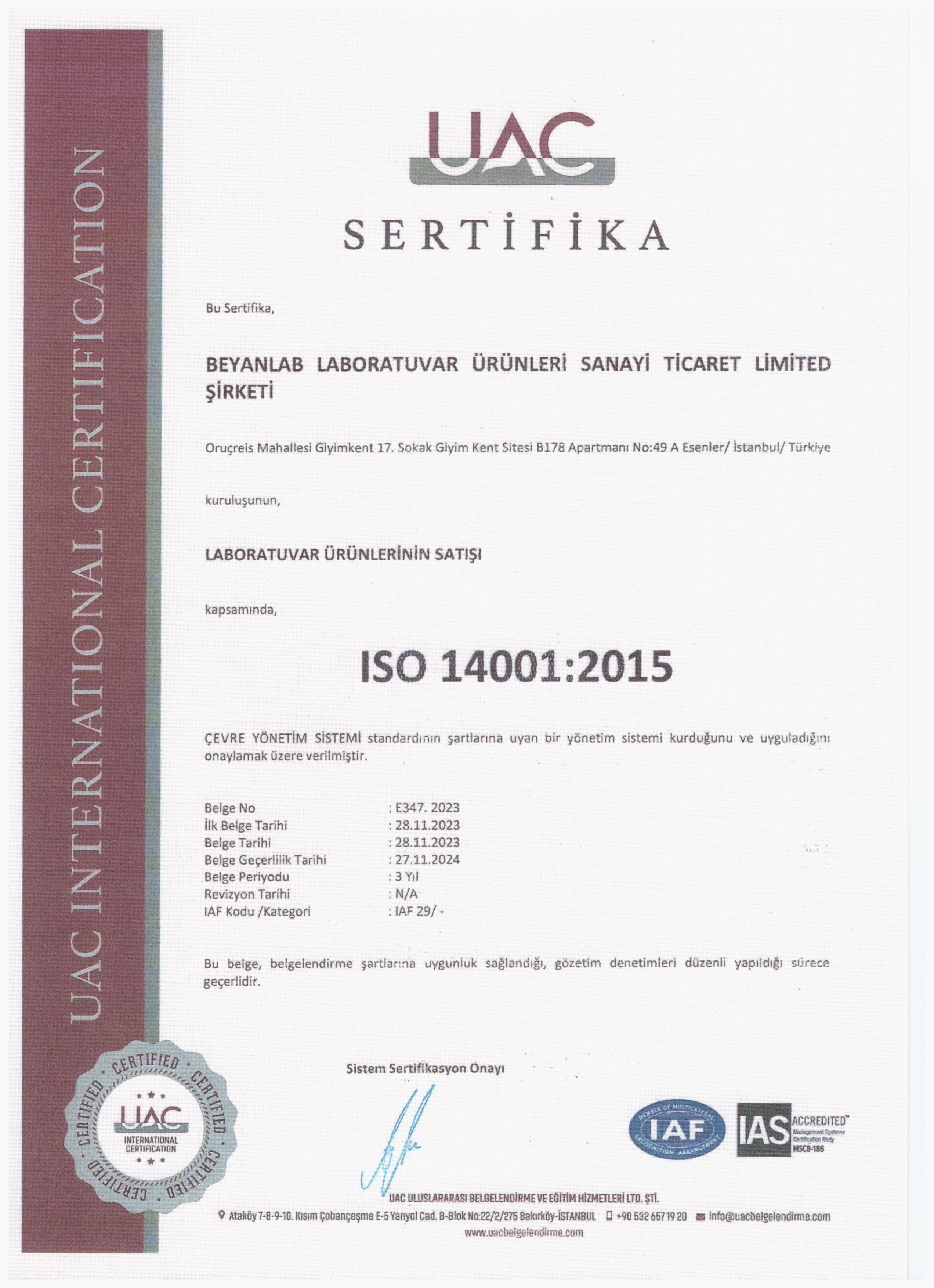 ISO 14001 2015 SERTİFİKA TR